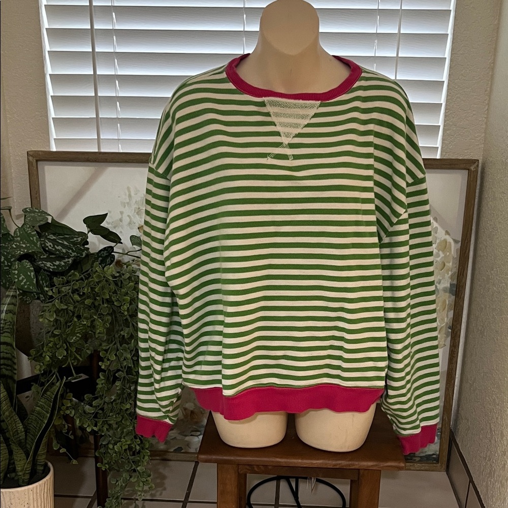 Free People loved Green and White Striped Sweatshirt with Pink Accents. Size XS.